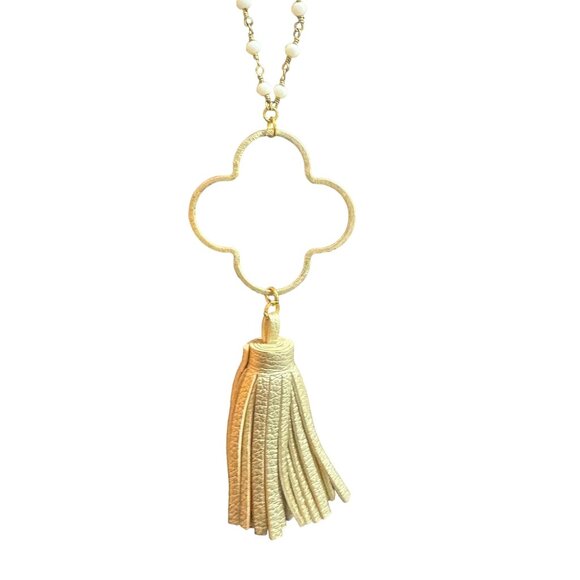 Gold Clover Pendant Necklace With Tassel & Beaded Chain - Picture 2 of 3